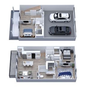 Tuscaloosa townhouse for rent - A top and bottom view of a house layout with two cars parked in the driveway.
