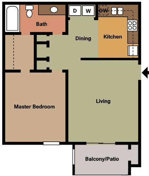 Floor plan for 1 bed, 1 bath, 690 sqft