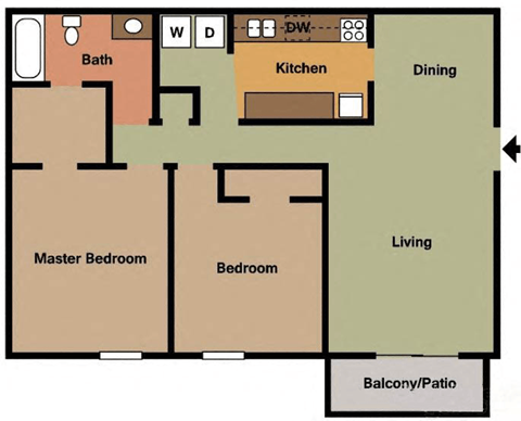 Floor plan for 2 beds, 1 bath, 990 sqft
