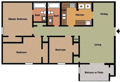 Floor plan for 3 beds, 2 baths, 1115 sqft