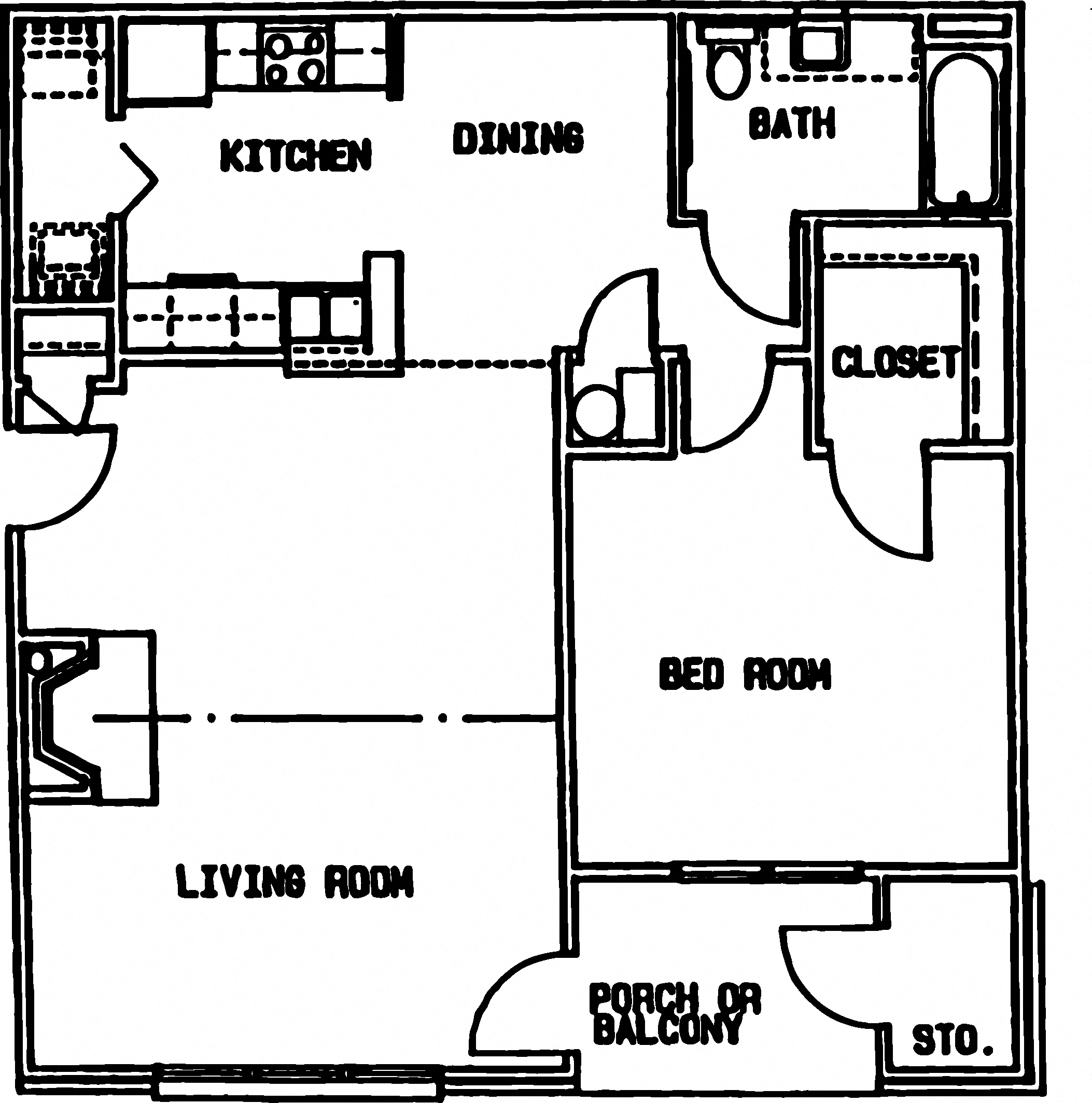 Floor plan for 1 bed, 1 bath, 1026 sqft