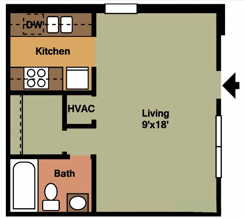 Floor plan for studio, 1 bath, 495 sqft