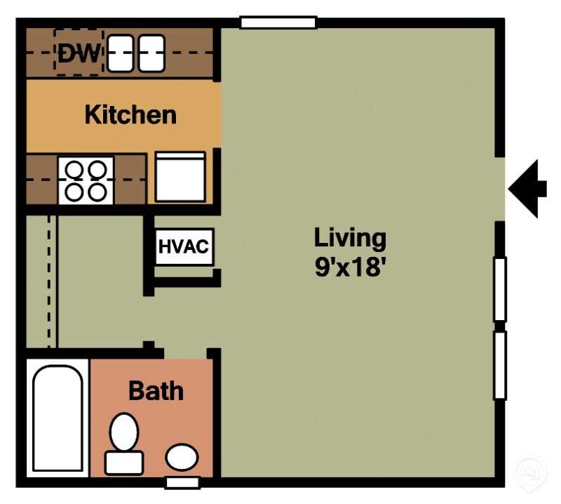 Floor plan for studio, 1 bath, 400 sqft