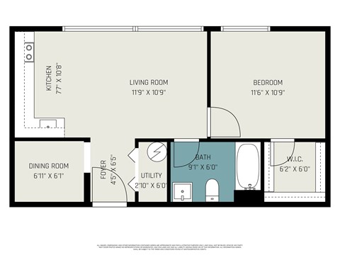Floor plan for 1 bed, 1 bath, 575 sqft