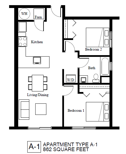 Floor plan for 2 beds, 1 bath, 961 sqft