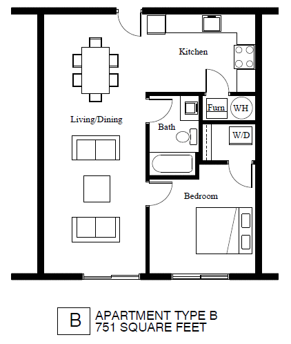 Floor plan for 1 bed, 1 bath, 812 sqft