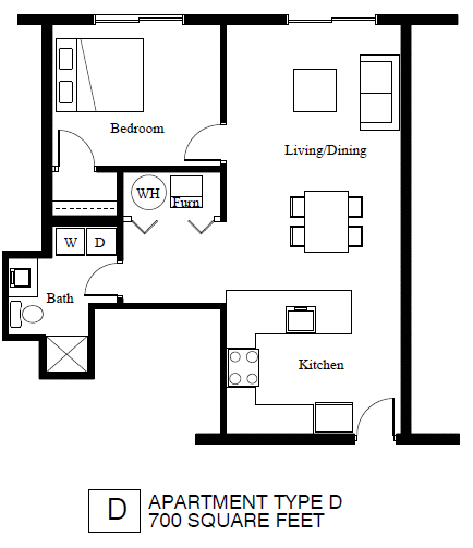 Floor plan for 1 bed, 1 bath, 689 sqft