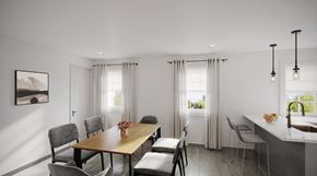 Talahassee apartment for rent - A modern dining room with a wooden table and grey chairs.