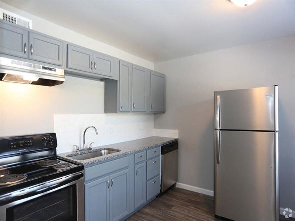 Raytown apartment for rent - a kitchen with stainless steel appliances and white cabinets