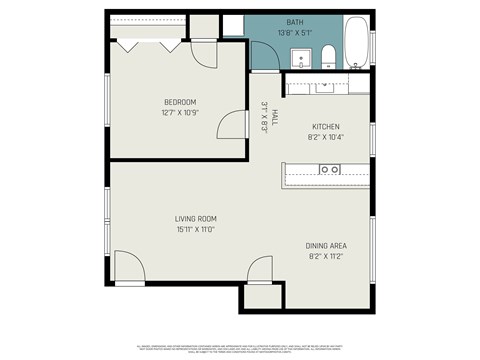 Floor plan for 1 bed, 1 bath, 670 sqft