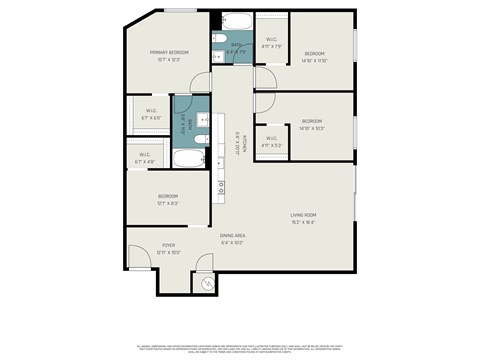Floor plan for 3 beds, 2 baths, 1400 sqft