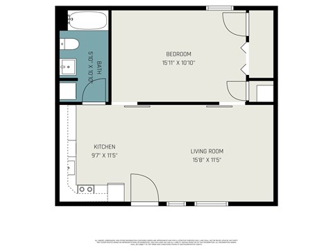 Floor plan for 1 bed, 1 bath, 500 sqft