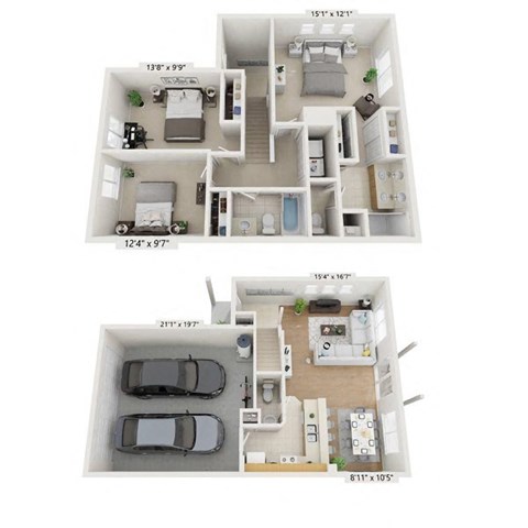 Floor plan for 3 beds, 2.5 baths, 1409 sqft