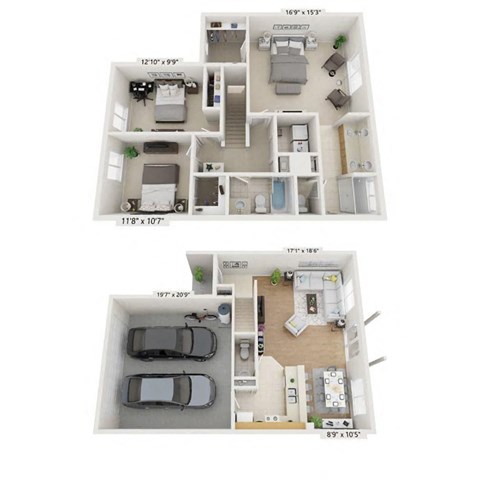Floor plan for 3 beds, 2 baths, 1628 sqft