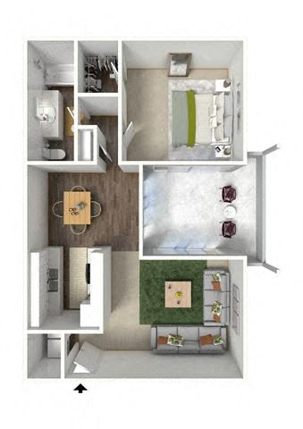Floor plan for 1 bed, 1 bath, 740 sqft