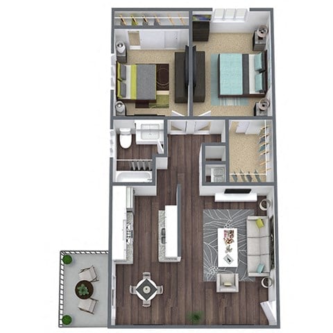 Floor plan for 2 beds, 1 bath, 940 sqft
