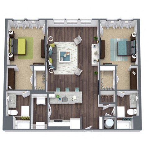 Floor plan for 2 beds, 2 baths, 1287 sqft