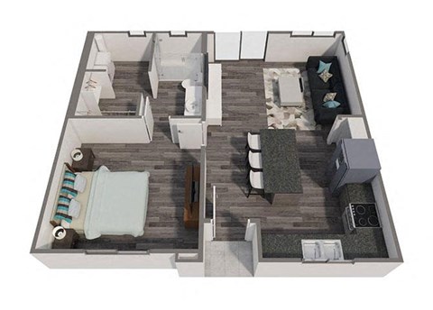 Floor plan for 1 bed, 1 bath, 679 sqft
