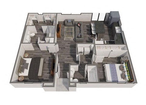 Floor plan for 2 beds, 2 baths, 996 sqft