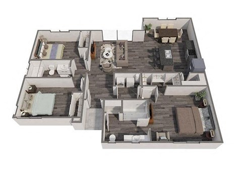 Floor plan for 3 beds, 2 baths, 1233 sqft