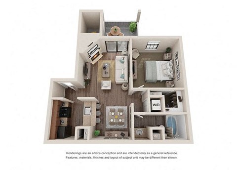 Floor plan for 1 bed, 1 bath, 640 sqft