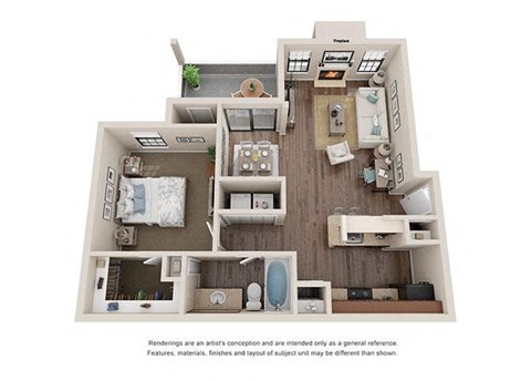 Floor plan for 1 bed, 1 bath, 731 sqft