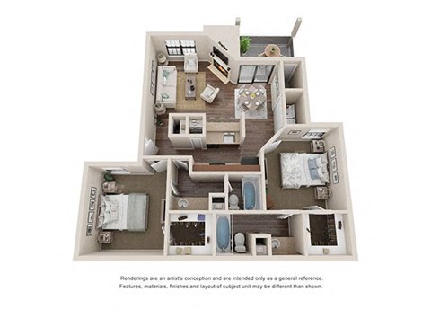 Floor plan for 2 beds, 2 baths, 965 sqft