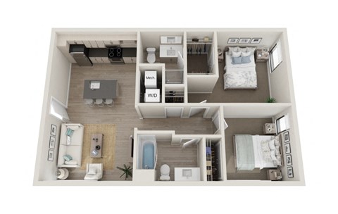 Floor plan for 2 beds, 2 baths, 859 sqft