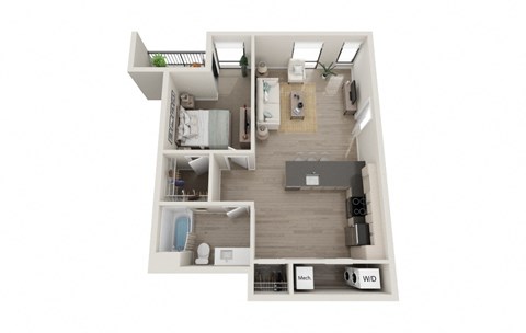Floor plan for 1 bed, 1 bath, 749 sqft