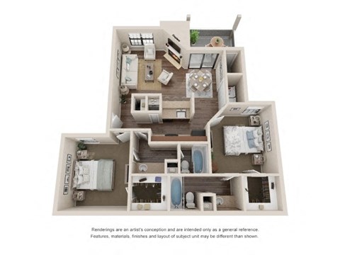 Floor plan for 2 beds, 2 baths, 1050 sqft