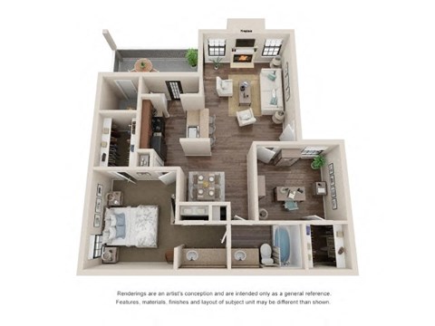 Floor plan for 2 beds, 1 bath, 965 sqft