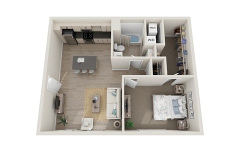 Floor plan for 1 bed, 1 bath, 689 sqft