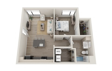 Floor plan for 1 bed, 1 bath, 667 sqft