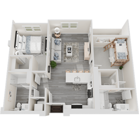 Floor plan for 2 beds, 2 baths, 1307 sqft