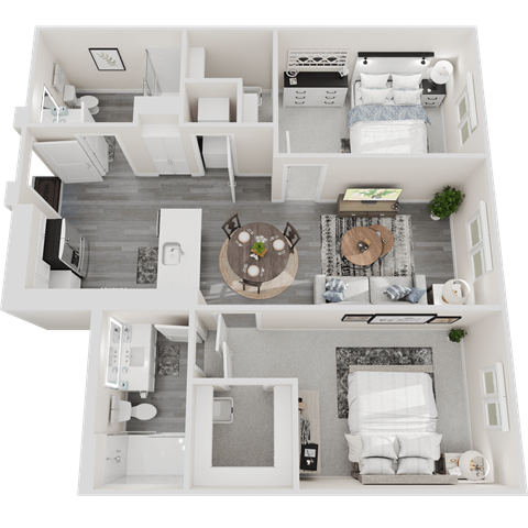 Floor plan for 2 beds, 2 baths, 845 sqft