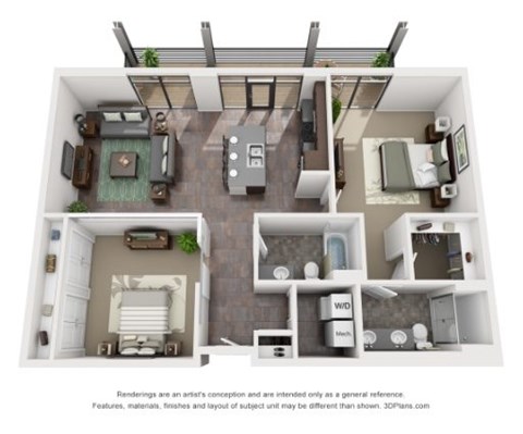 Floor plan for 2 beds, 2 baths, 1128 sqft