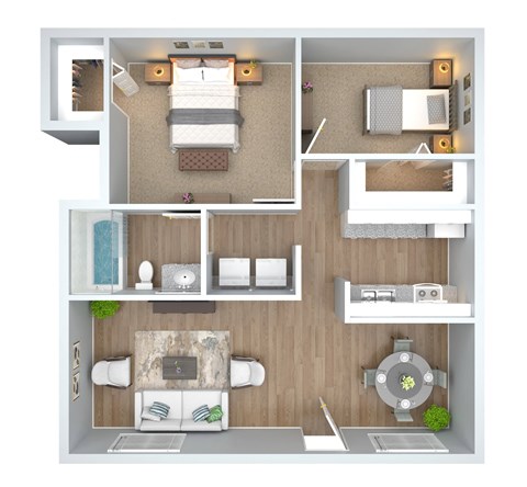 Floor plan for 2 beds, 1 bath, 909 sqft