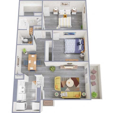 Floor plan for 2 beds, 1 bath, 900 sqft