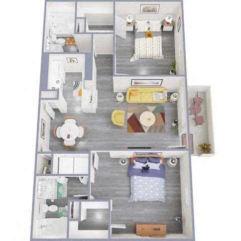 Floor plan for 2 beds, 2 baths, 1000 sqft