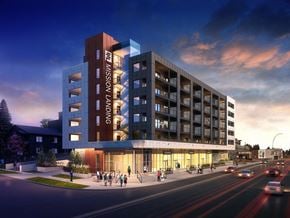 Calgary apartment for rent - a rendering of a hotel building on a city street