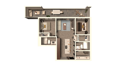Floor plan for 2 beds, 2 baths, 790 sqft