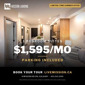 Calgary apartment for rent - A promotional image for a 1 bedroom suite at Mission Landing, offering a free month on a 14-month lease.