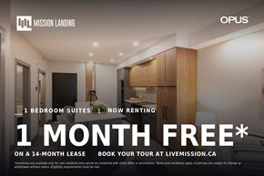 Calgary apartment for rent - A promotional image for a 1 bedroom suite at Mission Landing, offering a free month on a 14-month lease.
