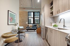 Chicago apartment for rent - a kitchen and living room in a loft apartment