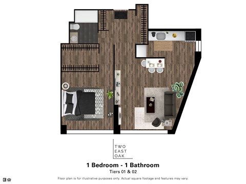 Floor plan for 1 bed, 1 bath, 683 sqft