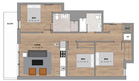 Floor plan for 3 beds, 2 baths, 995 sqft