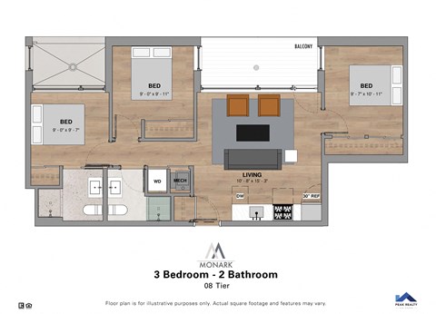 Floor plan for 2 beds, 2 baths, 806 sqft