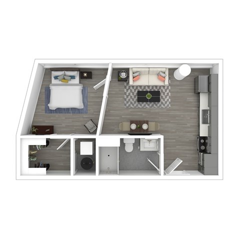Floor plan for 1 bed, 1 bath, 611 sqft