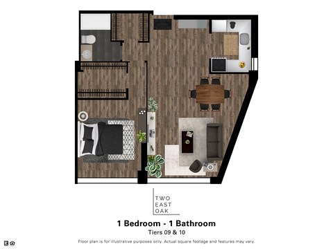 Floor plan for 1 bed, 1 bath, 685 sqft