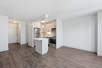 Open concept kitchen with wood style flooring